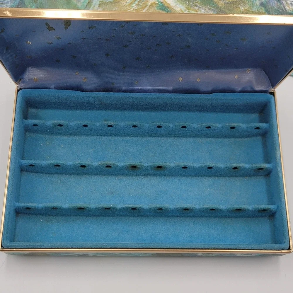 Vtg 80s/90s‎ Hard Shell Travel Jewelry Case Starburst Clamshell Box Blue Floral